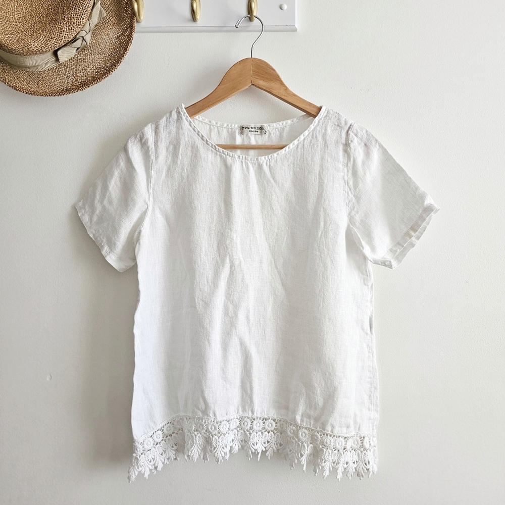 Terzo Millenio 100% Linen White Blouse Crochet Lace Hem Made in Italy Top Size S
